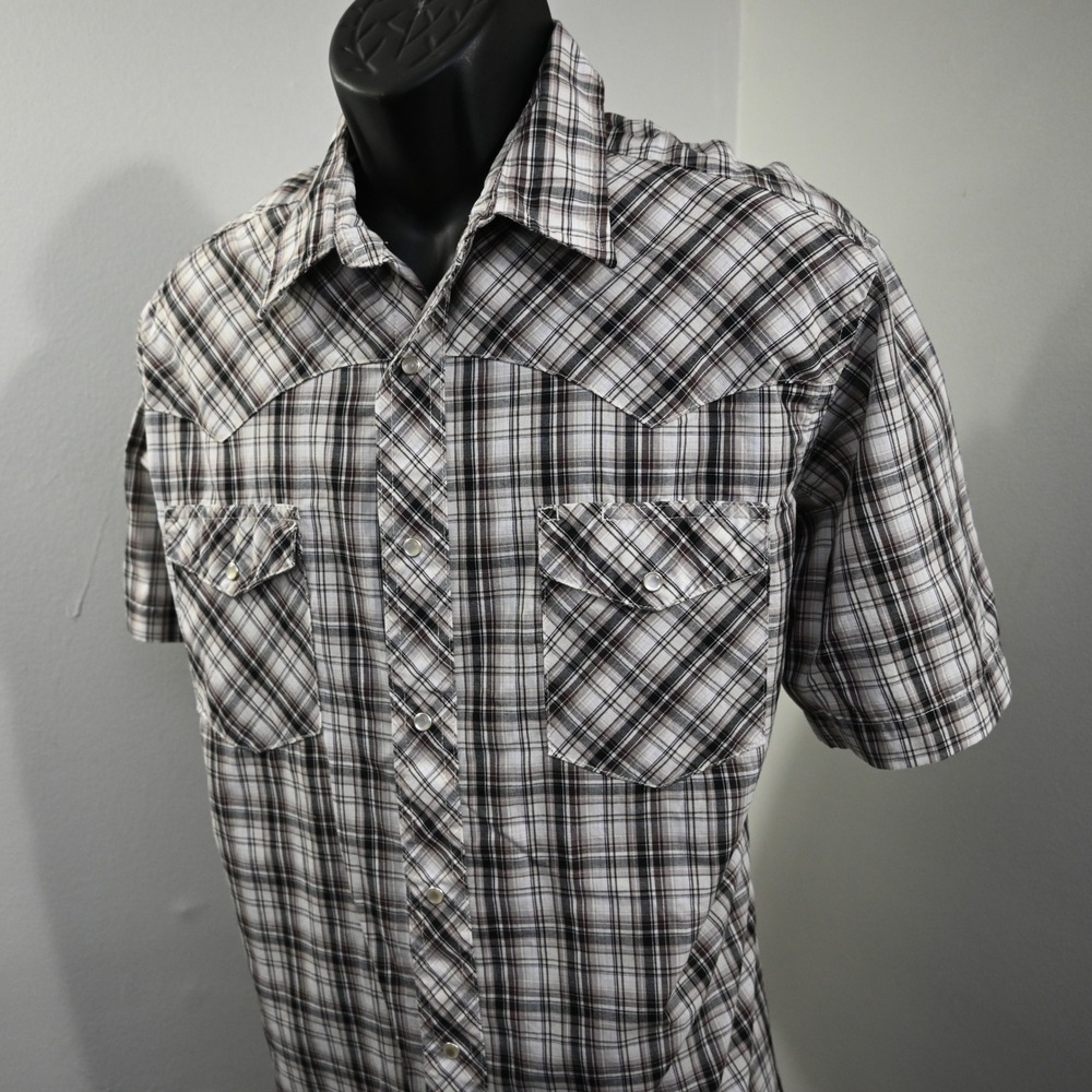 Wrangler Western Pearl‎ Snap Shirt Mens Size XL Gray Plaid Short Sleeve